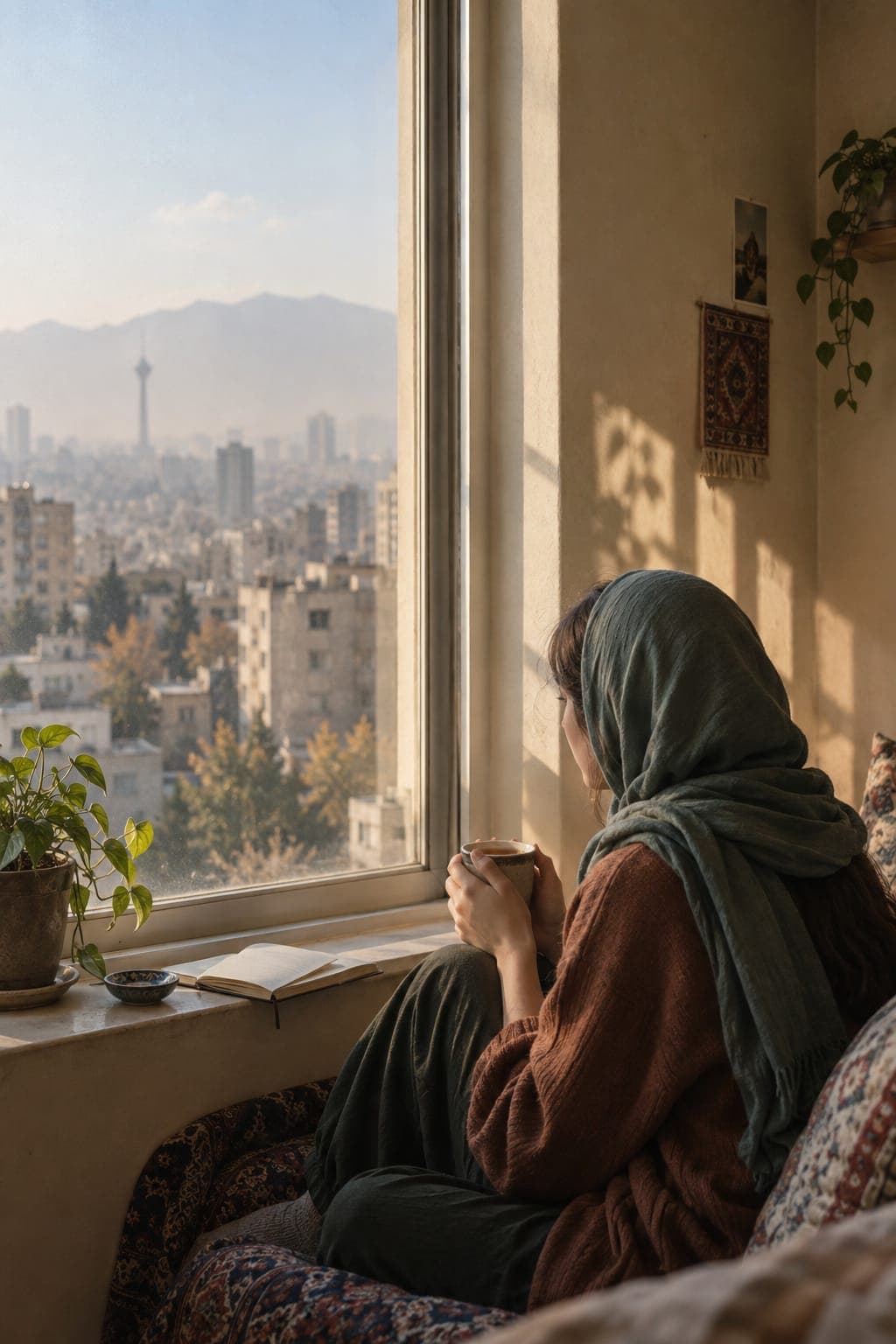 یک نفر کنارِ پنجره با دفتر و چای