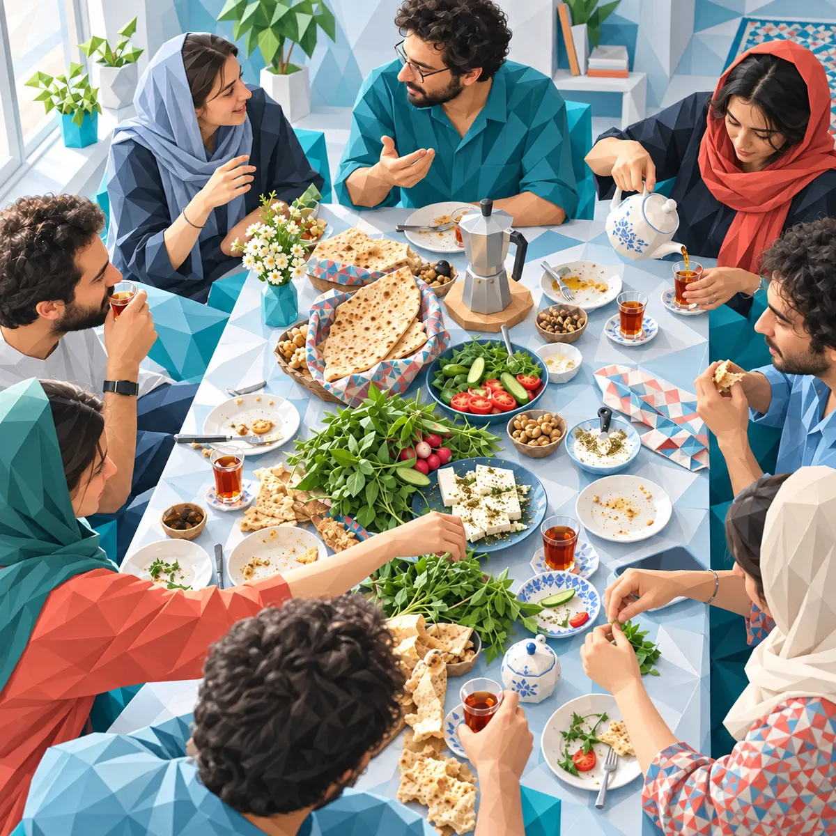 هشت نفر دورِ یک میز صبحانهی ایرانی با نان، سبزی، پنیر و چای، در فضایی چندضلعی